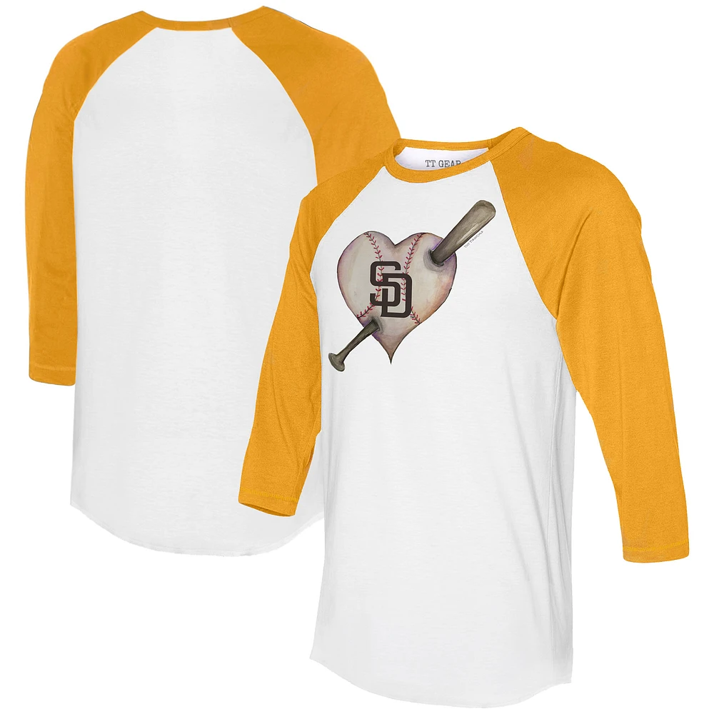 Women's Tiny Turnip White/Gold San Diego Padres Heart Bat 3/4-Sleeve Raglan T-Shirt