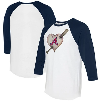 Women's Tiny Turnip White/Navy Atlanta Braves Heart Bat 3/4-Sleeve Raglan T-Shirt
