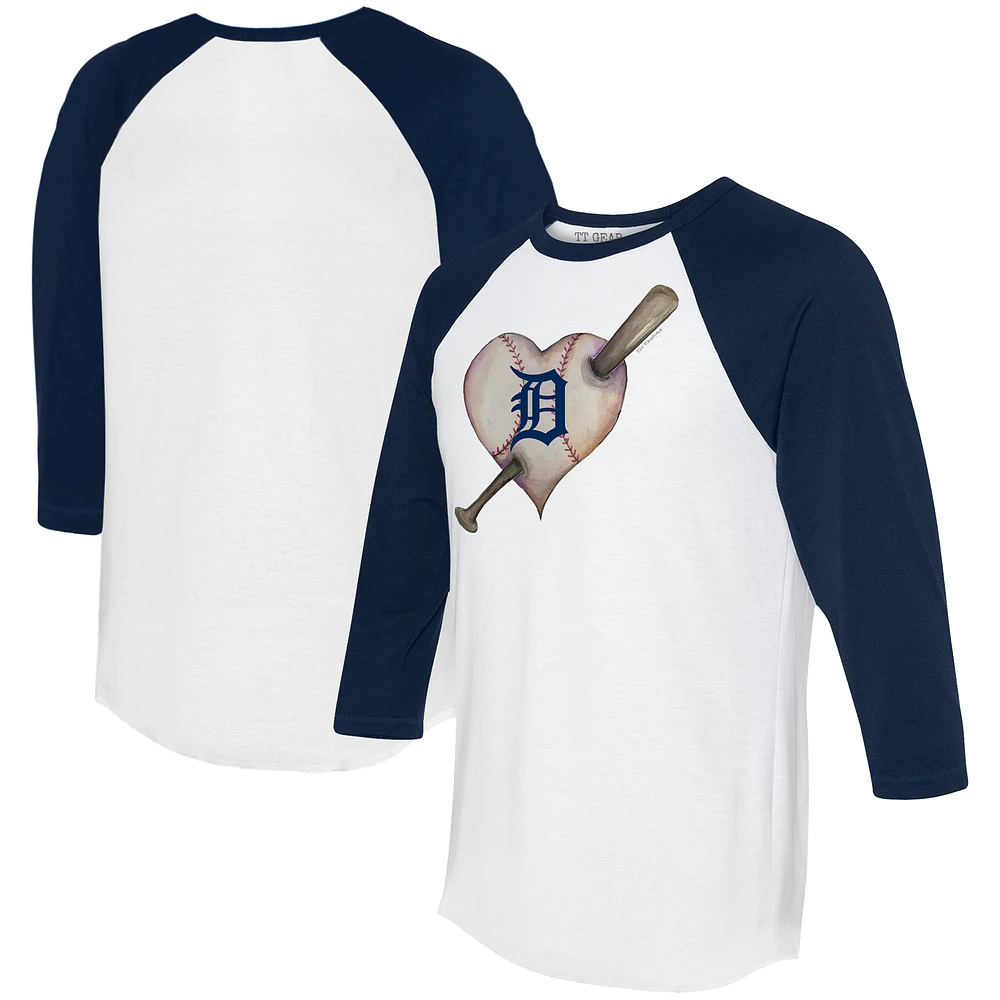 Women's Tiny Turnip White/Navy Detroit Tigers Heart Bat 3/4-Sleeve Raglan T-Shirt