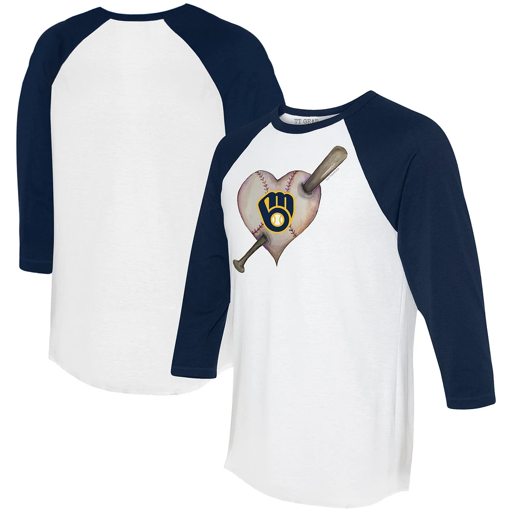 Women's Tiny Turnip White/Navy Milwaukee Brewers Heart Bat 3/4-Sleeve Raglan T-Shirt