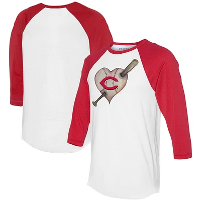 Women's Tiny Turnip White/Red Cincinnati Reds Heart Bat 3/4-Sleeve Raglan T-Shirt