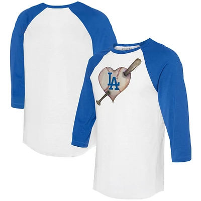 Women's Tiny Turnip White/Royal Los Angeles Dodgers Heart Bat 3/4-Sleeve Raglan T-Shirt