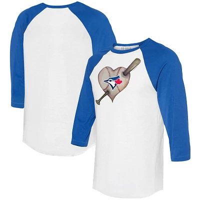 Women's Tiny Turnip White/Royal Toronto Blue Jays Heart Bat 3/4-Sleeve Raglan T-Shirt