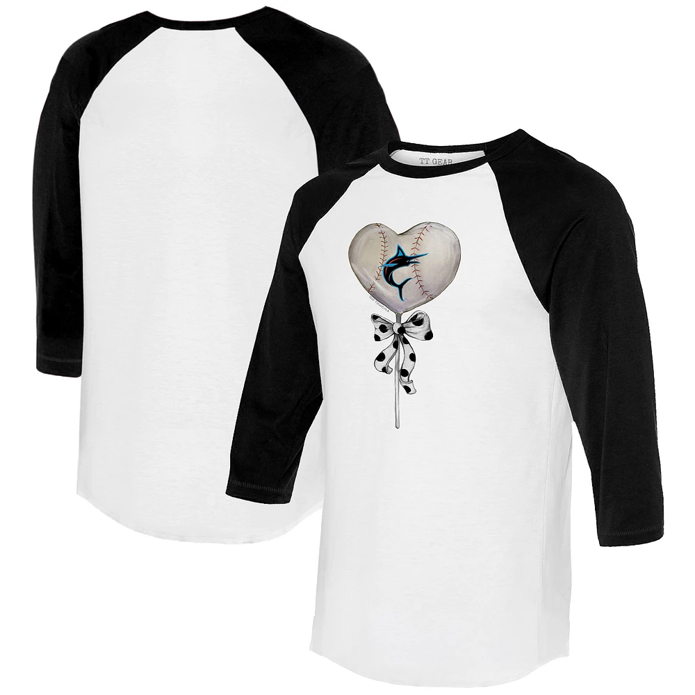 Women's Tiny Turnip White/Black Miami Marlins Heart Lolly 3/4-Sleeve Raglan T-Shirt