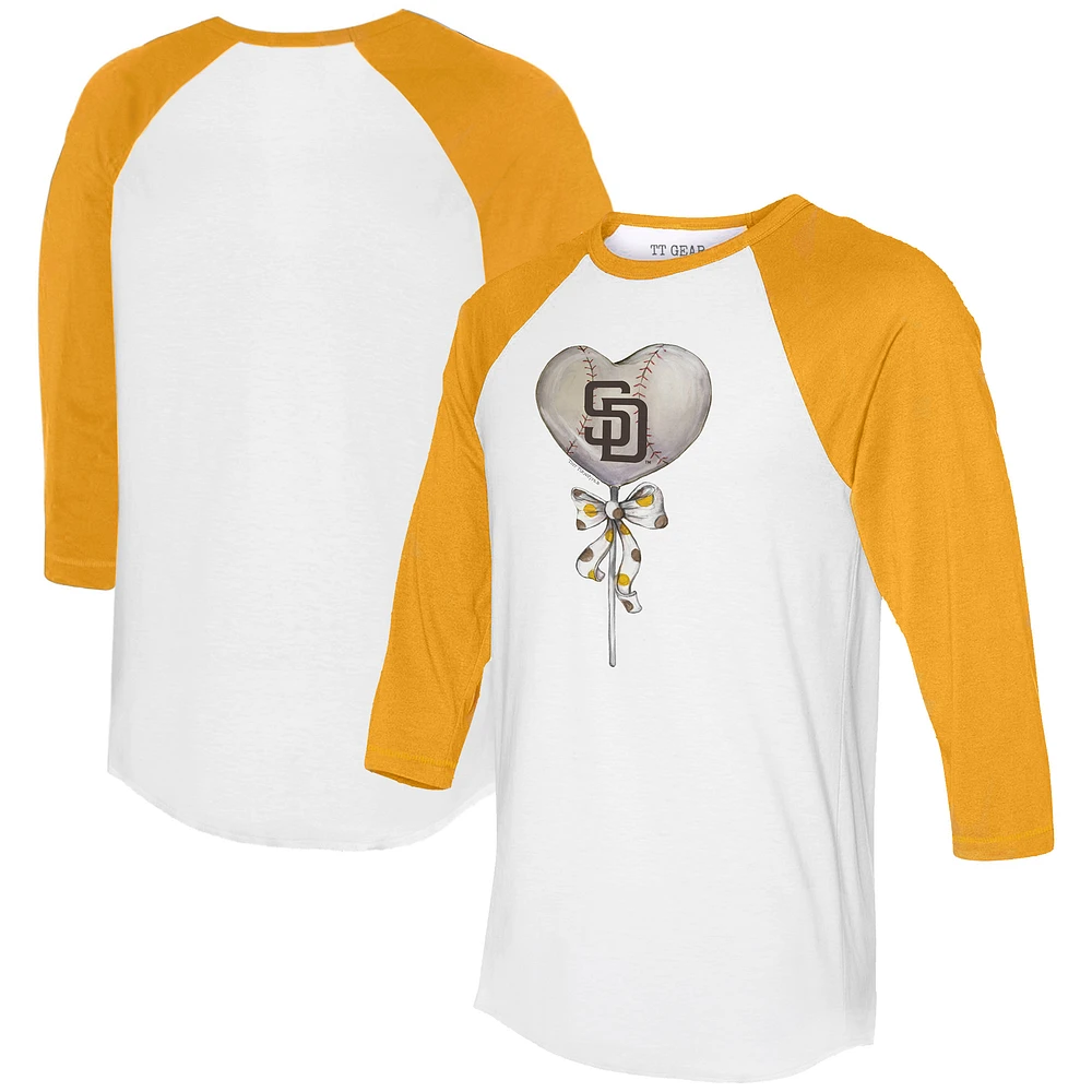 Women's Tiny Turnip White/Gold San Diego Padres Heart Lolly 3/4-Sleeve Raglan T-Shirt