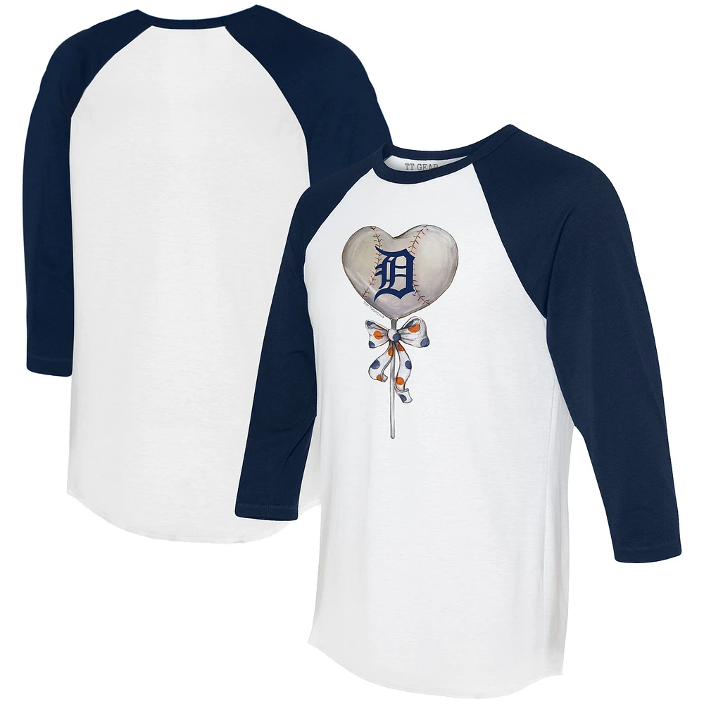 Women's Tiny Turnip White/Navy Detroit Tigers Heart Lolly 3/4-Sleeve Raglan T-Shirt