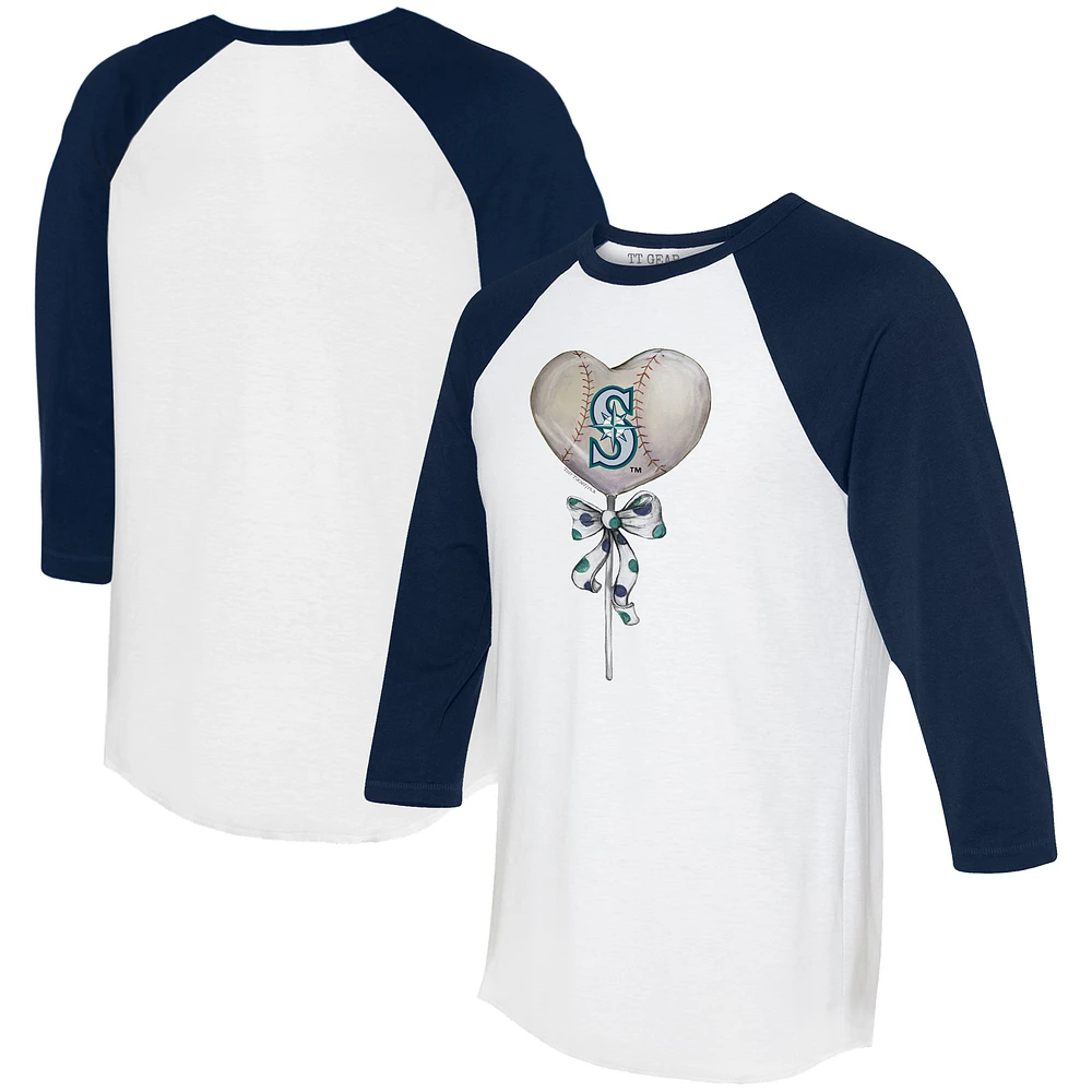 Women's Tiny Turnip White/Navy Seattle Mariners Heart Lolly 3/4-Sleeve Raglan T-Shirt