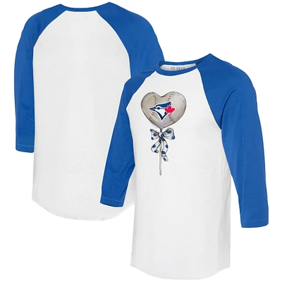 Women's Tiny Turnip White/Royal Toronto Blue Jays Heart Lolly 3/4-Sleeve Raglan T-Shirt