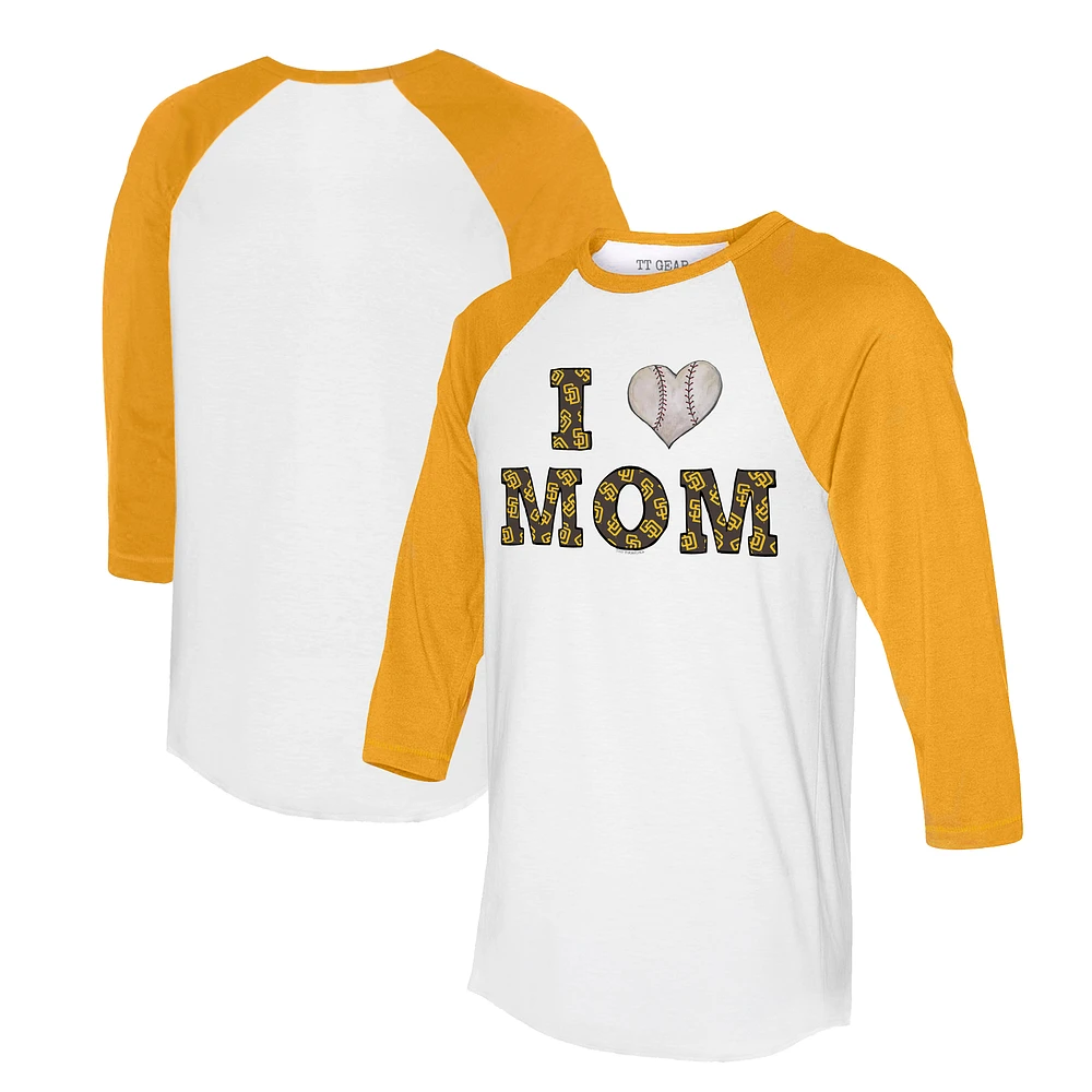 Women's Tiny Turnip White/Gold San Diego Padres I Love Mom 3/4-Sleeve Raglan T-Shirt
