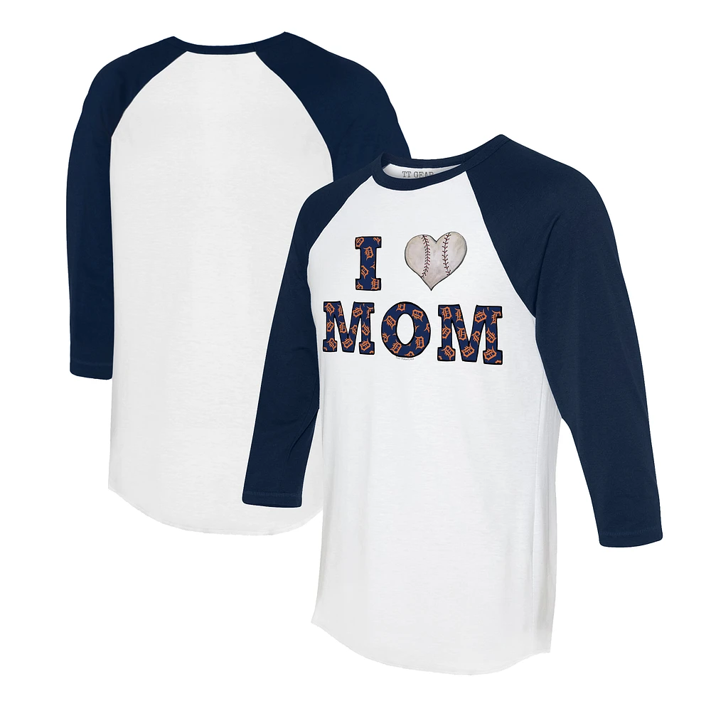 Women's Tiny Turnip White/Navy Detroit Tigers I Love Mom 3/4-Sleeve Raglan T-Shirt