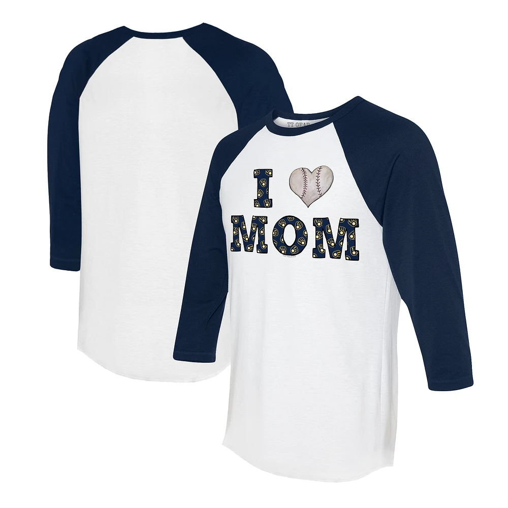 Women's Tiny Turnip White/Navy Milwaukee Brewers I Love Mom 3/4-Sleeve Raglan T-Shirt