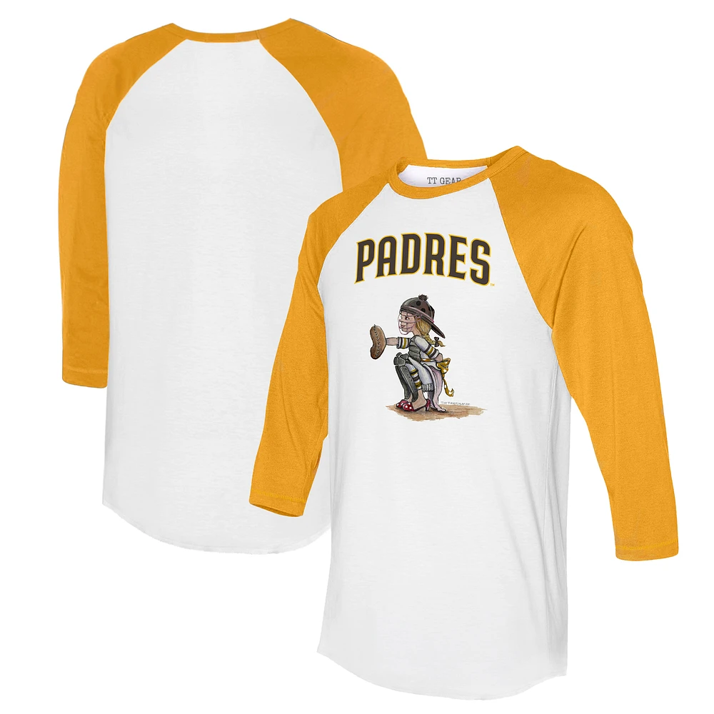 Women's Tiny Turnip White/Gold San Diego Padres Kate 3/4-Sleeve Raglan T-Shirt