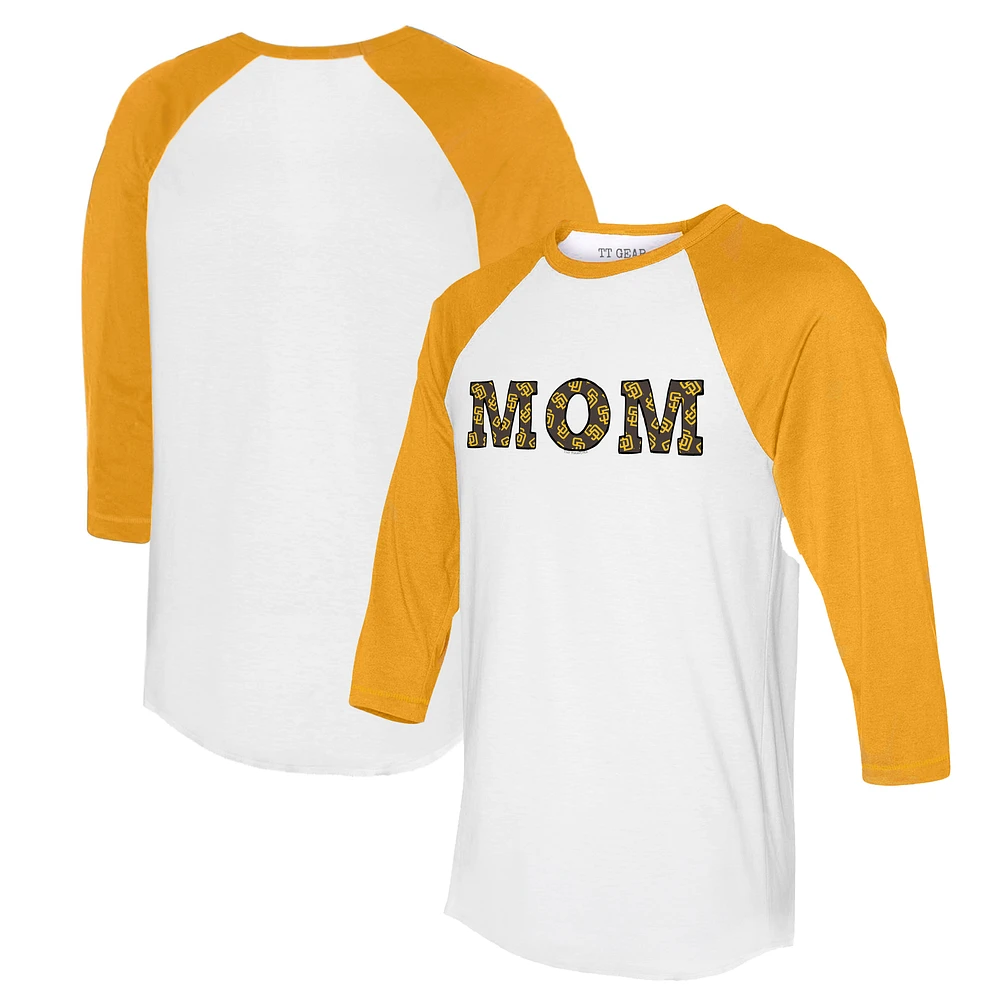 Women's Tiny Turnip White/Gold San Diego Padres Logo Mom 3/4-Sleeve Raglan T-Shirt