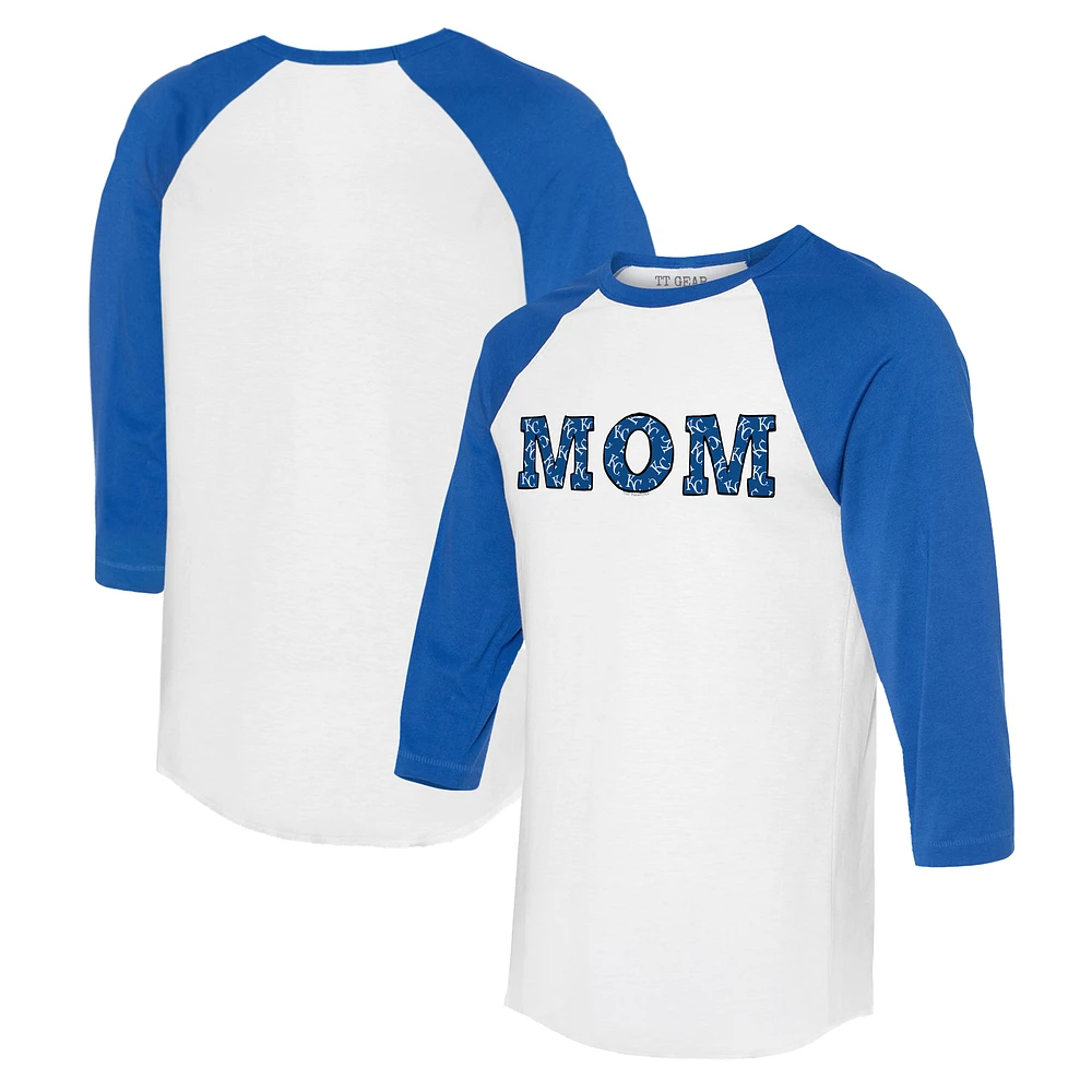 Women's Tiny Turnip White/Royal Kansas City Royals Logo Mom 3/4-Sleeve Raglan T-Shirt