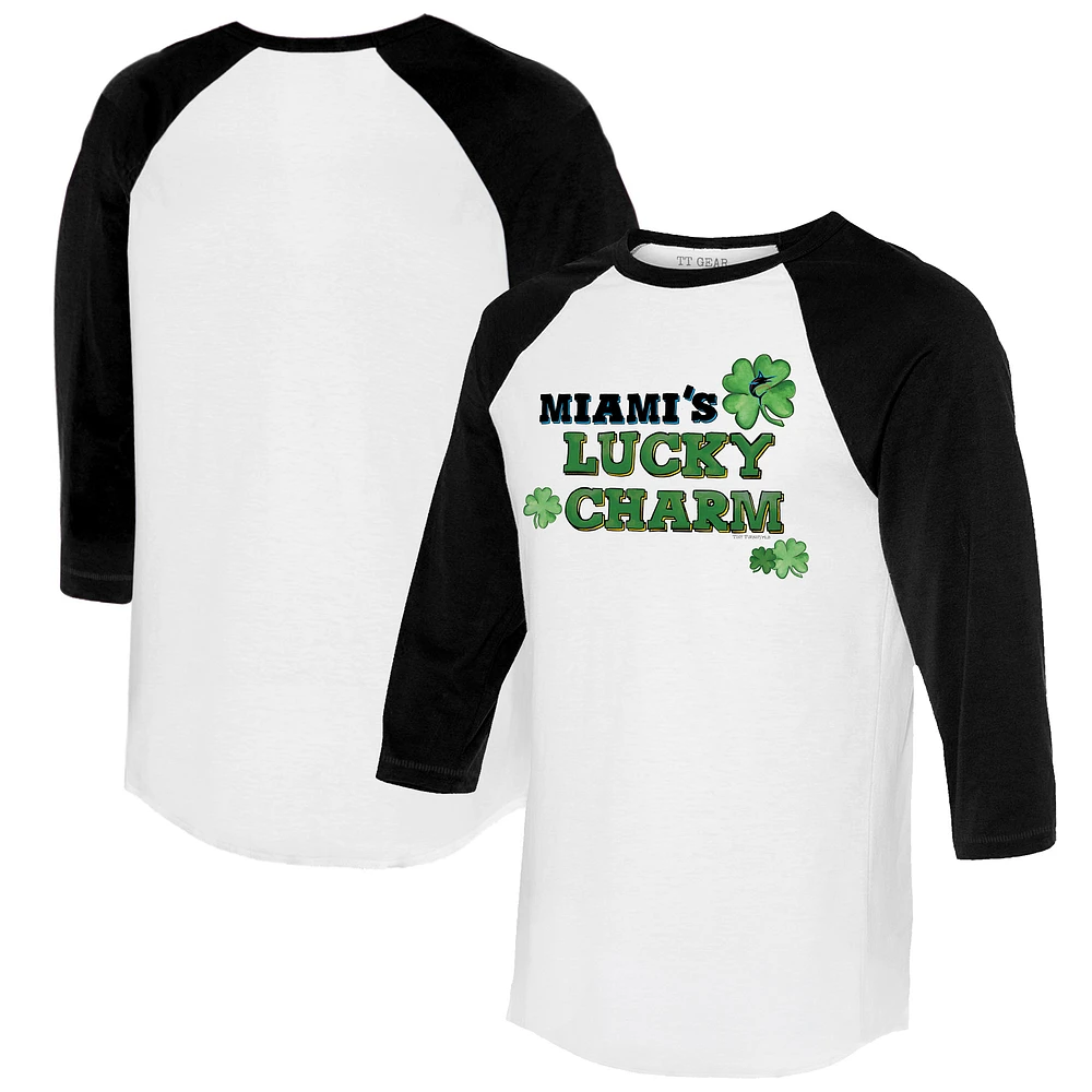 Women's Tiny Turnip White/Black Miami Marlins Lucky Charm 3/4-Sleeve Raglan T-Shirt