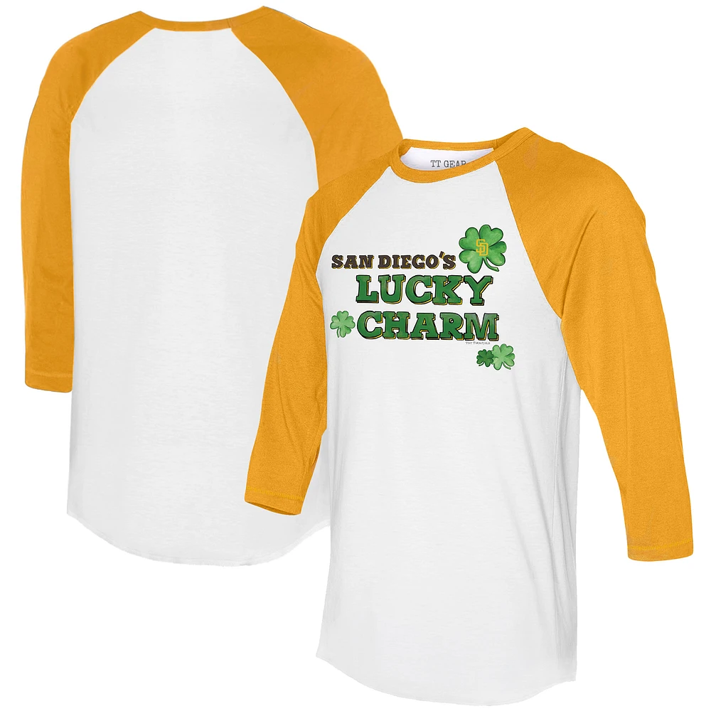 Women's Tiny Turnip White/Gold San Diego Padres Lucky Charm 3/4-Sleeve Raglan T-Shirt