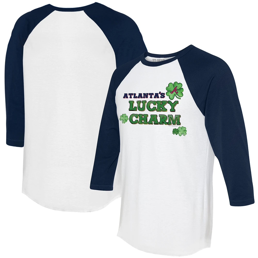 Women's Tiny Turnip White/Navy Atlanta Braves Lucky Charm 3/4-Sleeve Raglan T-Shirt
