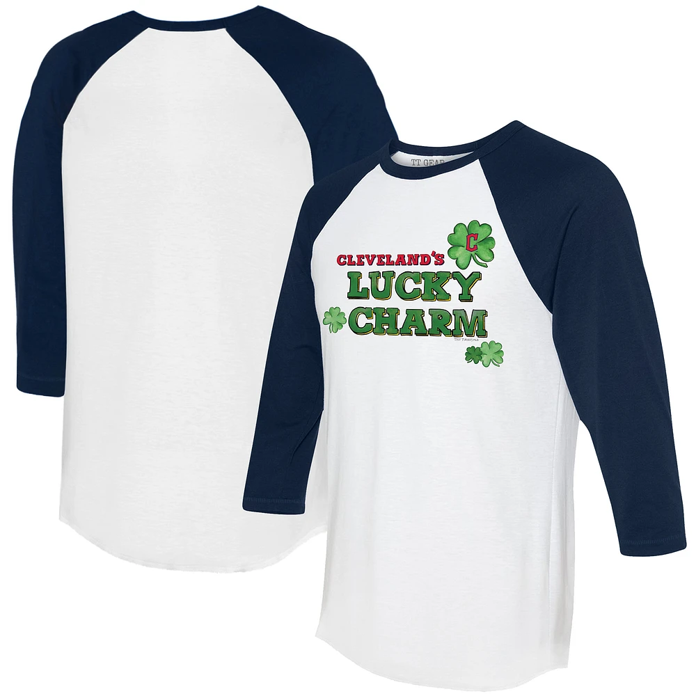 Women's Tiny Turnip White/Navy Cleveland Guardians Lucky Charm 3/4-Sleeve Raglan T-Shirt