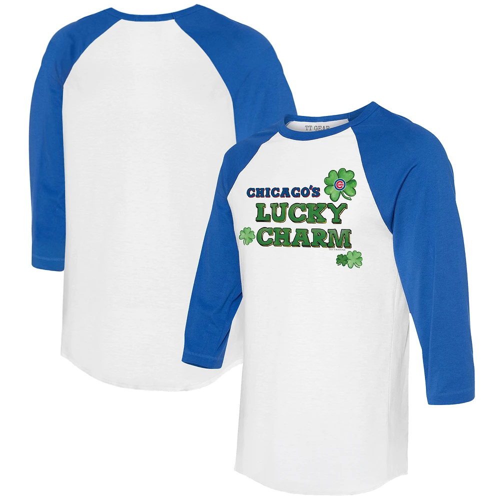 Women's Tiny Turnip White/Royal Chicago Cubs Lucky Charm 3/4-Sleeve Raglan T-Shirt