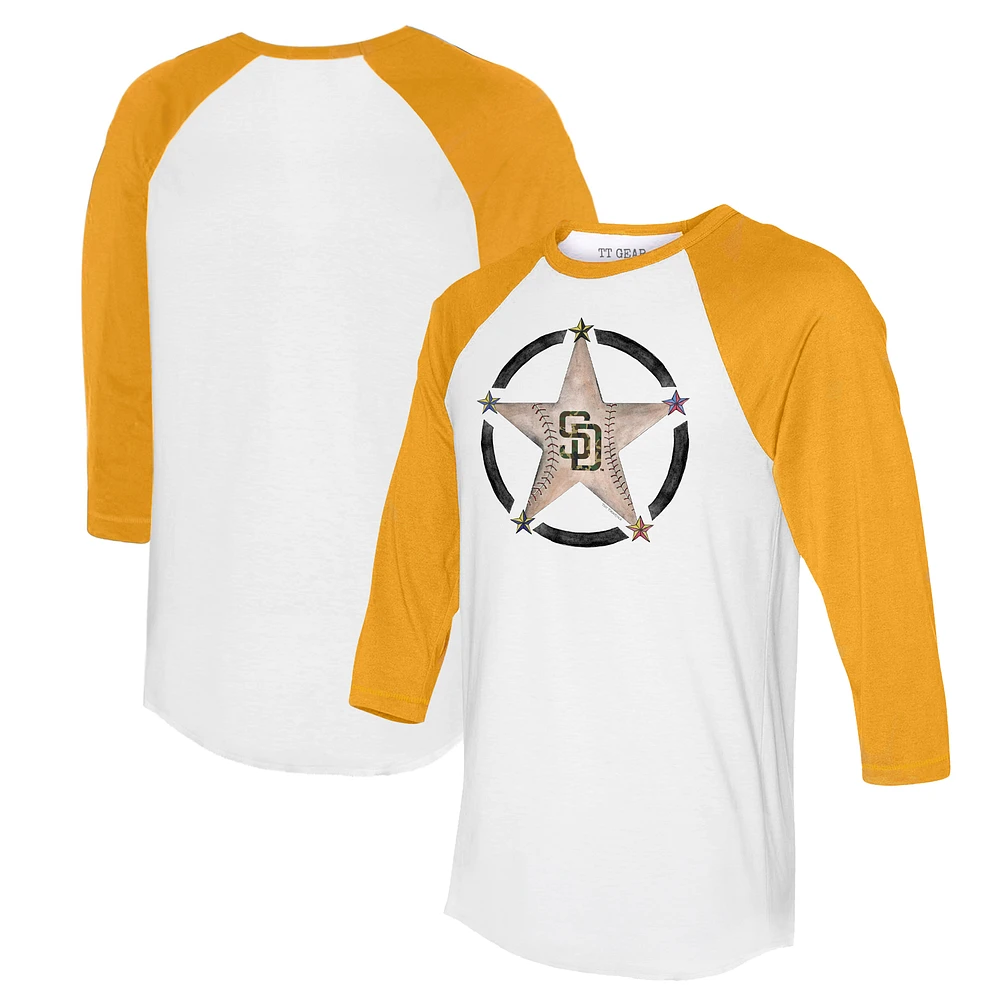 Women's Tiny Turnip White/Gold San Diego Padres Military Star 3/4-Sleeve Raglan T-Shirt