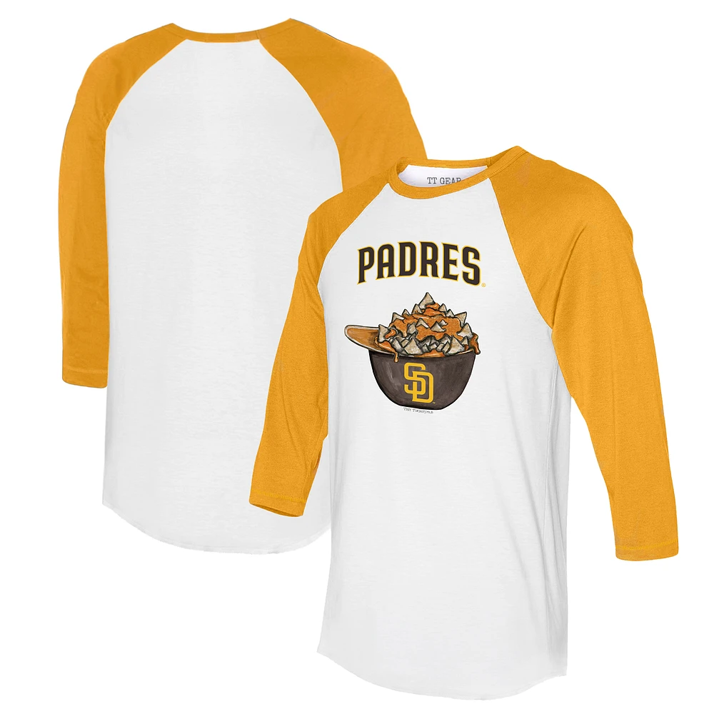 Women's Tiny Turnip White/Gold San Diego Padres Nacho Helmet 3/4-Sleeve Raglan T-Shirt