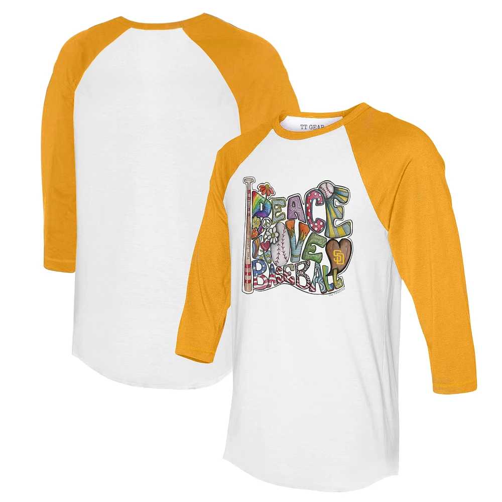 Women's Tiny Turnip White/Gold San Diego Padres Peace Love Baseball 3/4-Sleeve Raglan T-Shirt