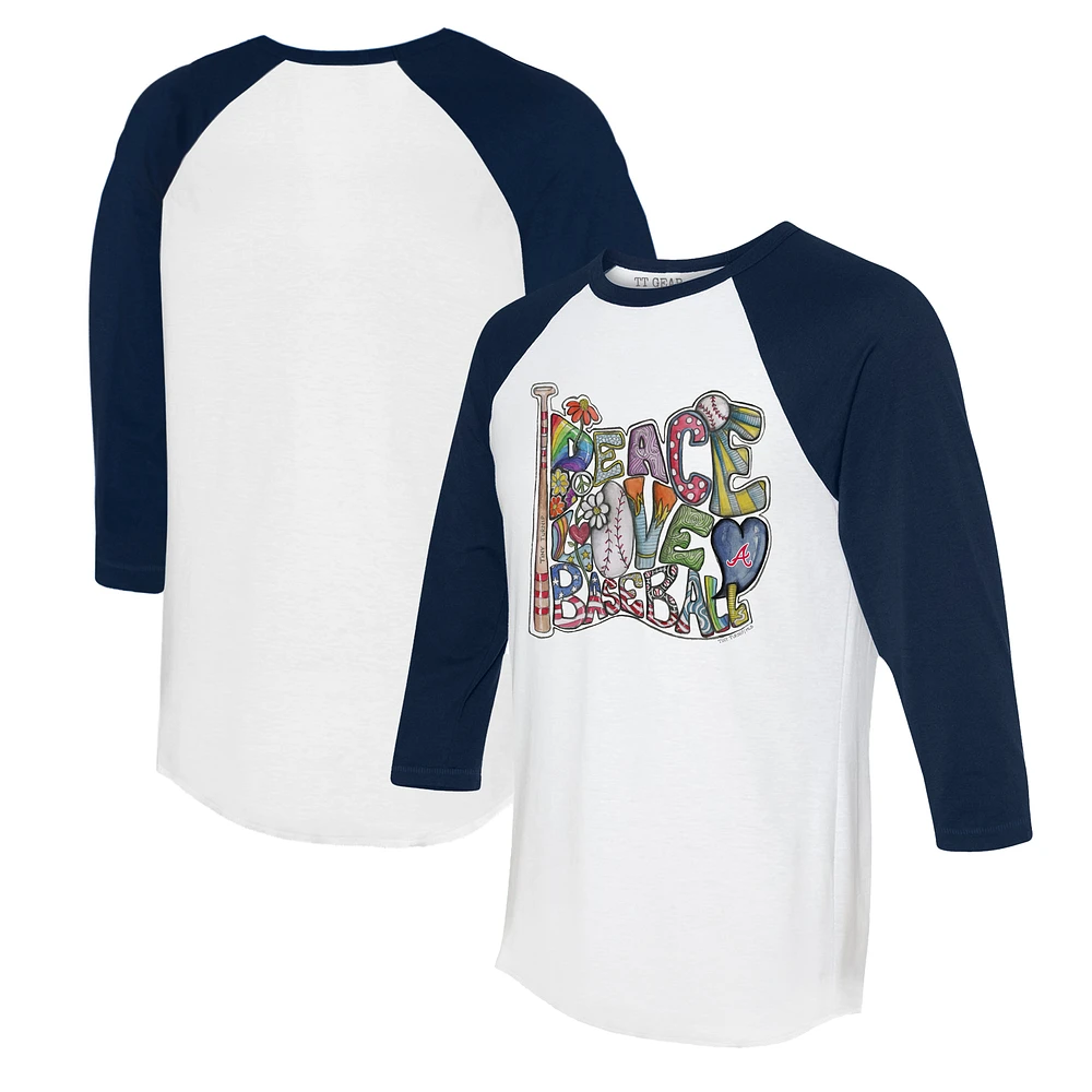Women's Tiny Turnip White/Navy Atlanta Braves Peace Love Baseball 3/4-Sleeve Raglan T-Shirt