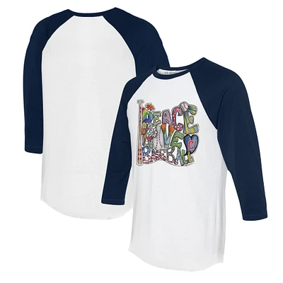Women's Tiny Turnip White/Navy Cleveland Guardians Peace Love Baseball 3/4-Sleeve Raglan T-Shirt