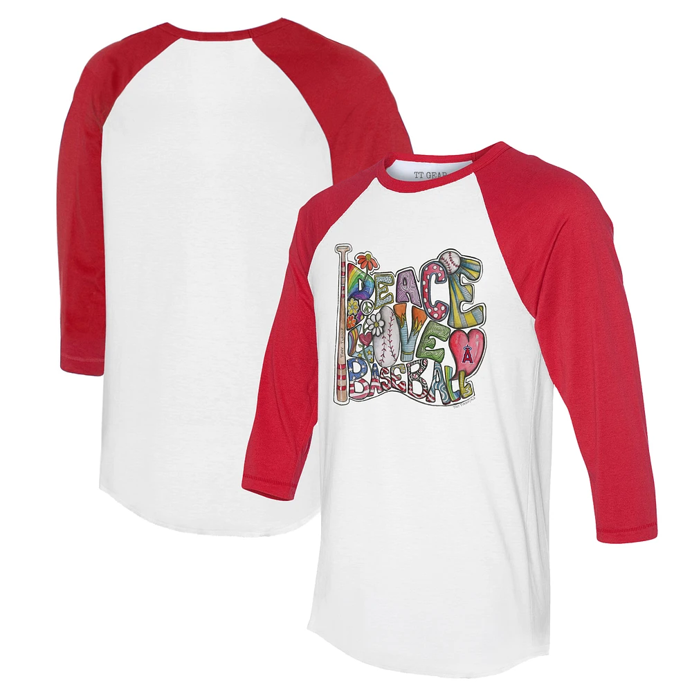 Women's Tiny Turnip White/Red Los Angeles Angels Peace Love Baseball 3/4-Sleeve Raglan T-Shirt