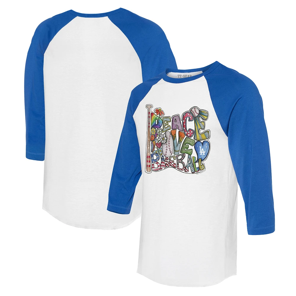 Women's Tiny Turnip White/Royal Los Angeles Dodgers Peace Love Baseball 3/4-Sleeve Raglan T-Shirt