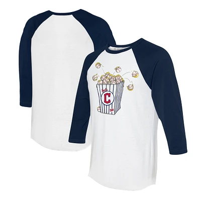 Women's Tiny Turnip White/Navy Cleveland Guardians Popcorn 3/4-Sleeve Raglan T-Shirt