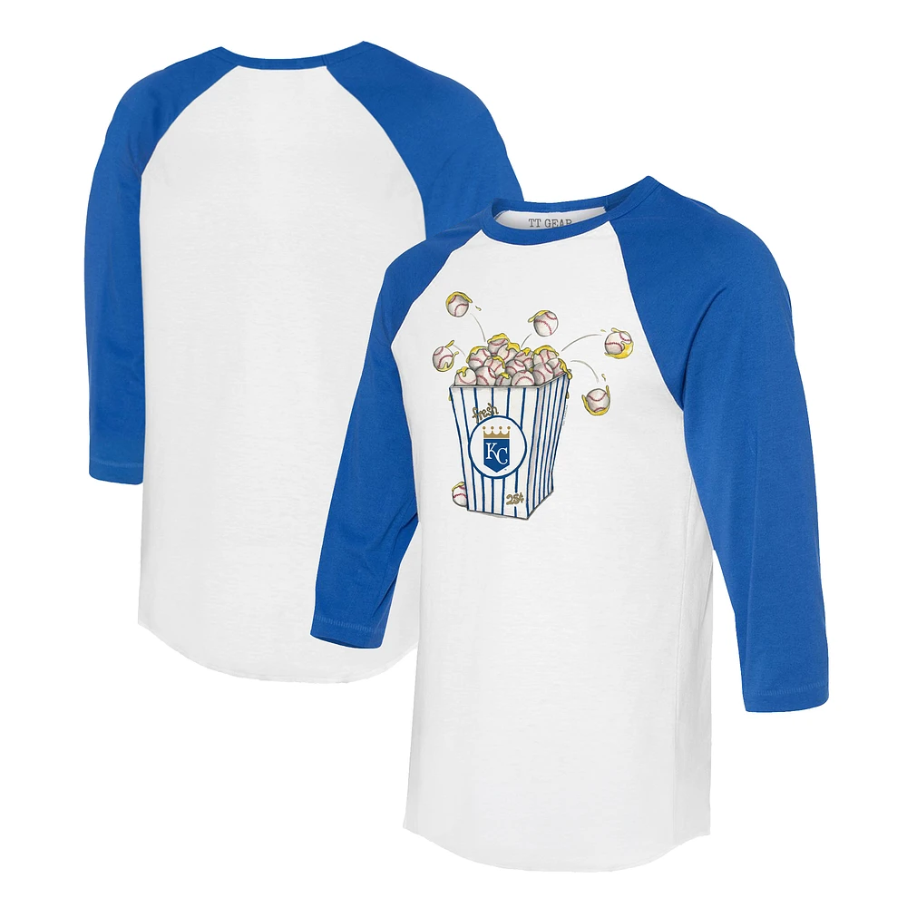 Women's Tiny Turnip White/Royal Kansas City Royals Popcorn 3/4-Sleeve Raglan T-Shirt