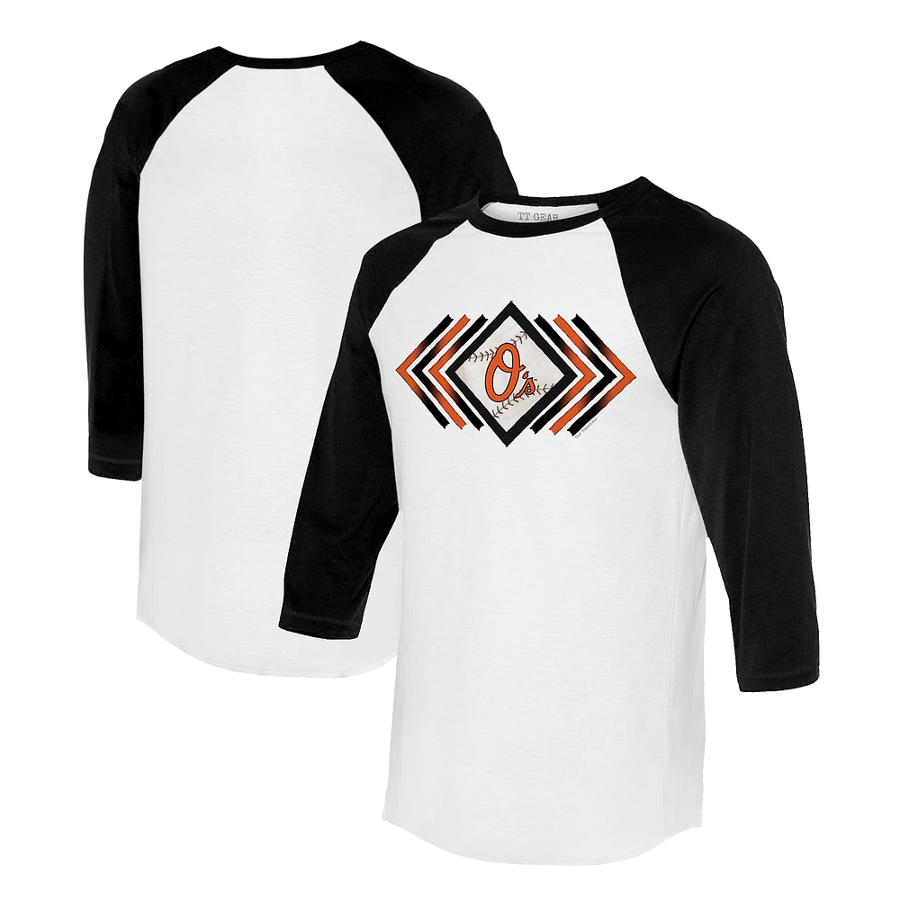 Women's Tiny Turnip White/Black Baltimore Orioles Prism Arrows 3/4-Sleeve Raglan T-Shirt