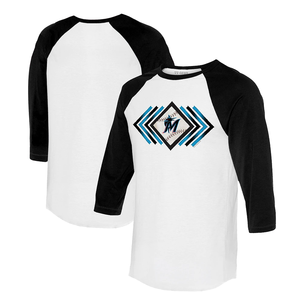 Women's Tiny Turnip White/Black Miami Marlins Prism Arrows 3/4-Sleeve Raglan T-Shirt