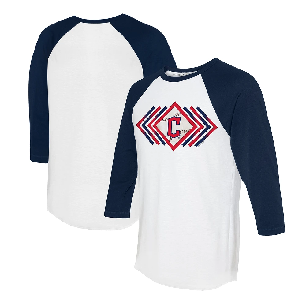 Women's Tiny Turnip White/Navy Cleveland Guardians Prism Arrows 3/4-Sleeve Raglan T-Shirt