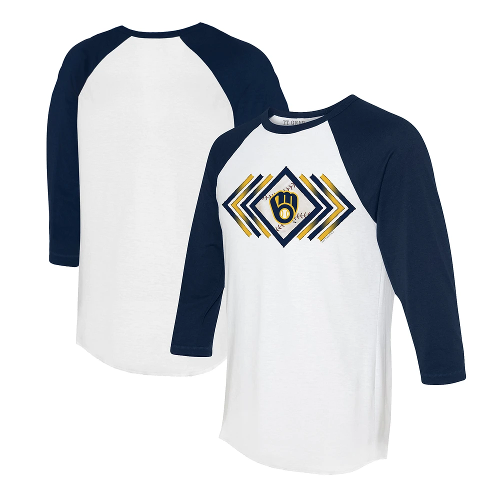 Women's Tiny Turnip White/Navy Milwaukee Brewers Prism Arrows 3/4-Sleeve Raglan T-Shirt