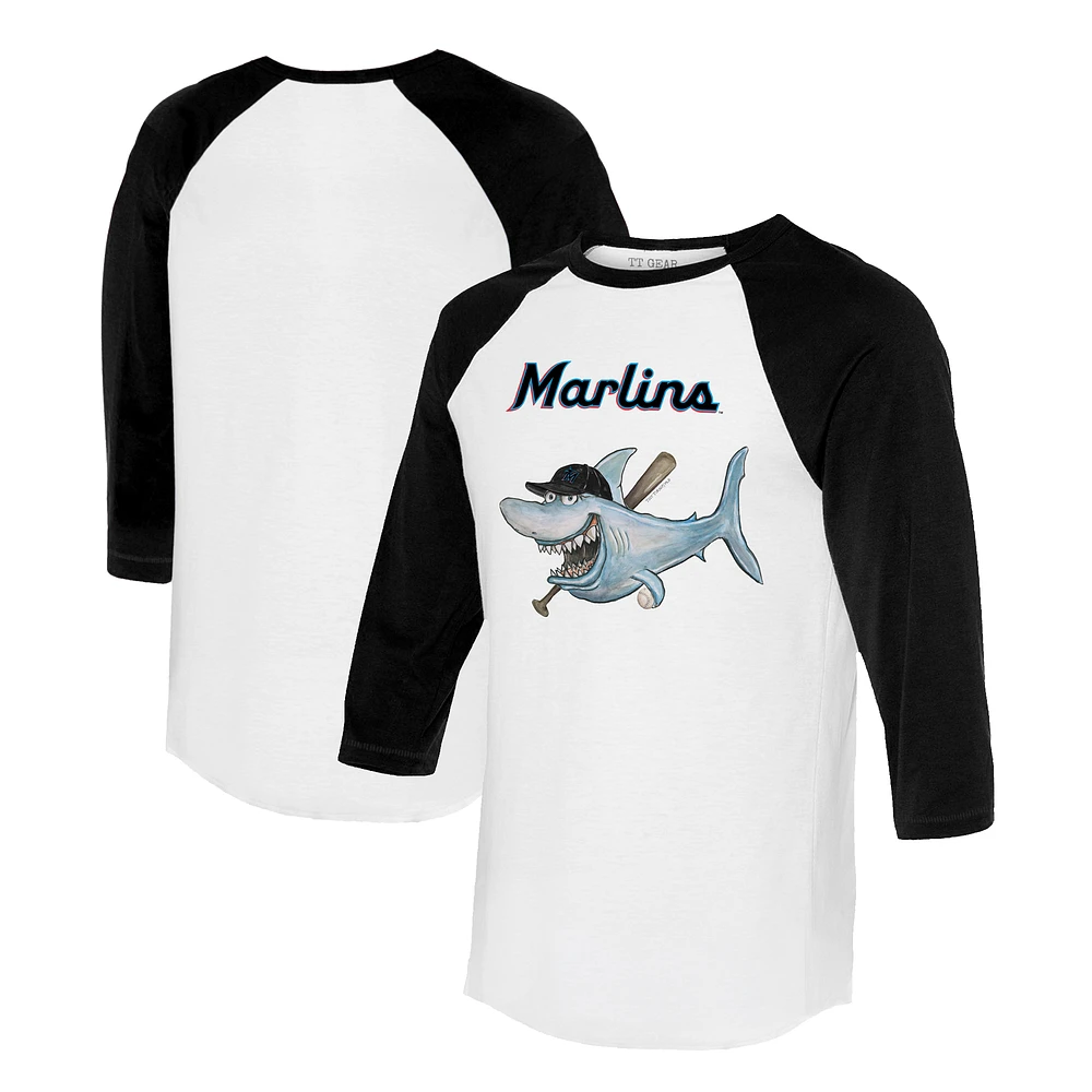 Women's Tiny Turnip White/Black Miami Marlins Shark 3/4-Sleeve Raglan T-Shirt