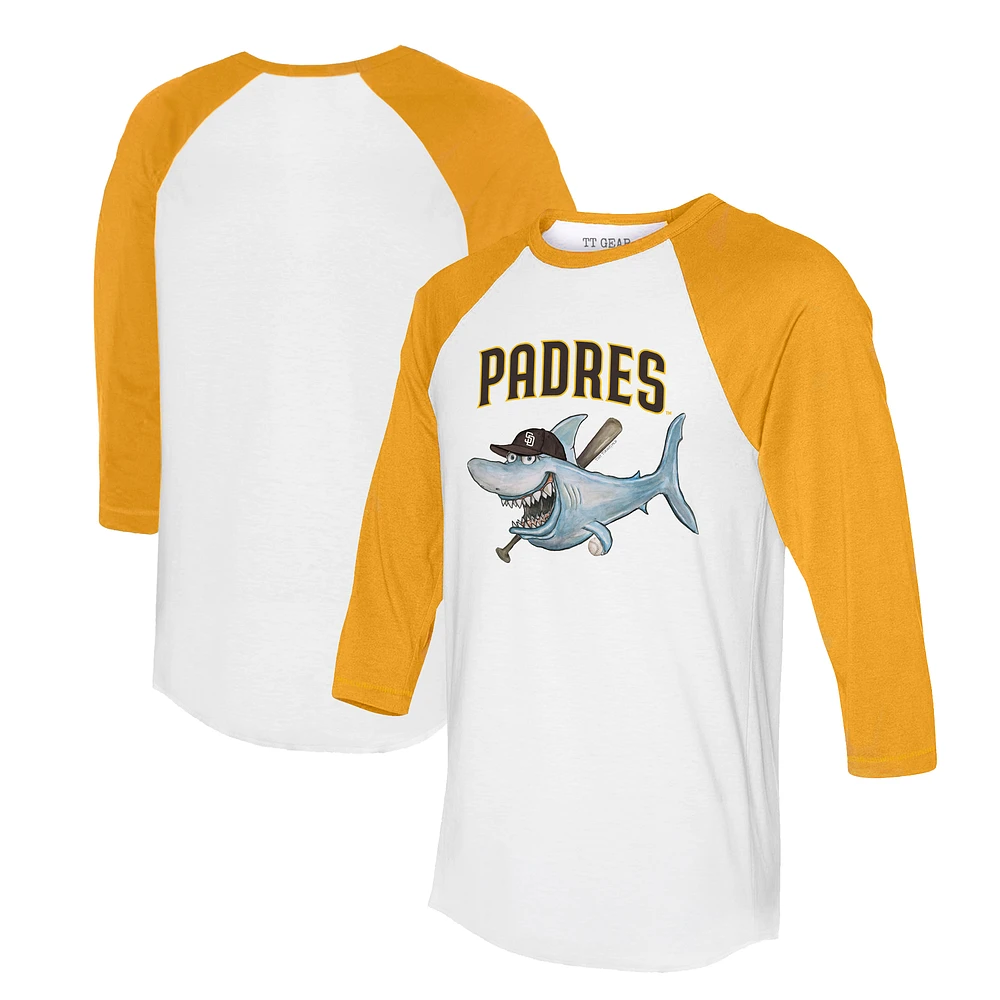 Women's Tiny Turnip White/Gold San Diego Padres Shark 3/4-Sleeve Raglan T-Shirt