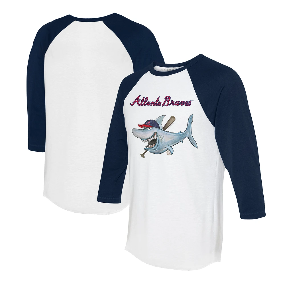 Women's Tiny Turnip White/Navy Atlanta Braves Shark 3/4-Sleeve Raglan T-Shirt