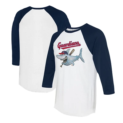 Women's Tiny Turnip White/Navy Cleveland Guardians Shark 3/4-Sleeve Raglan T-Shirt
