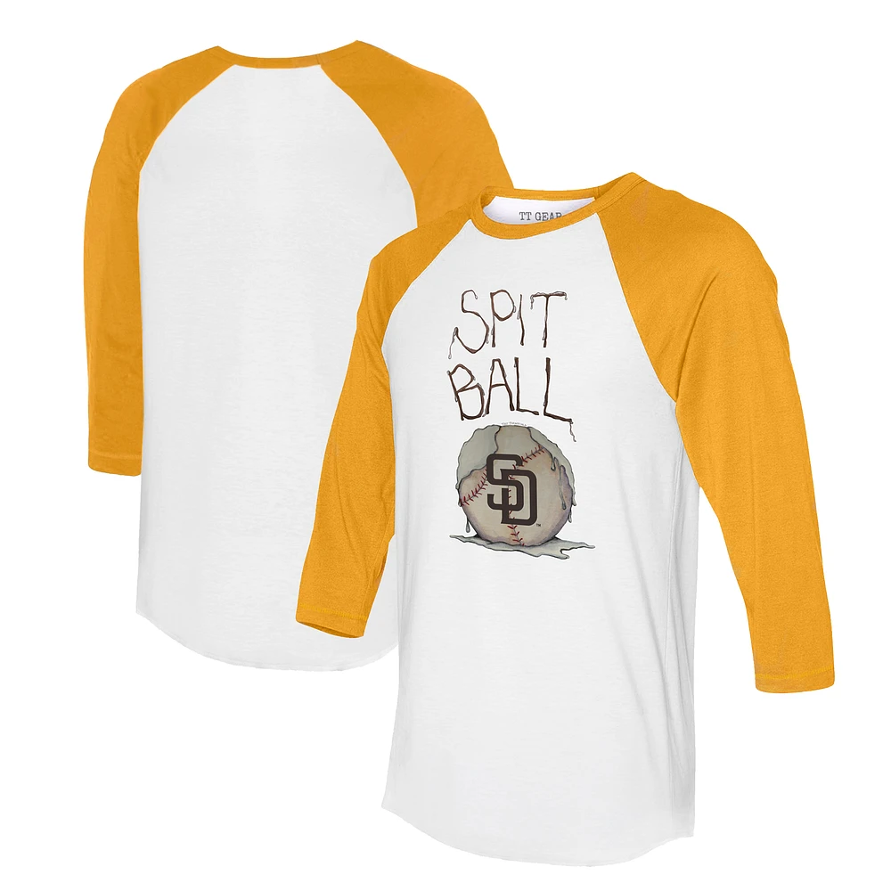 Women's Tiny Turnip White/Gold San Diego Padres Spit Ball 3/4-Sleeve Raglan T-Shirt