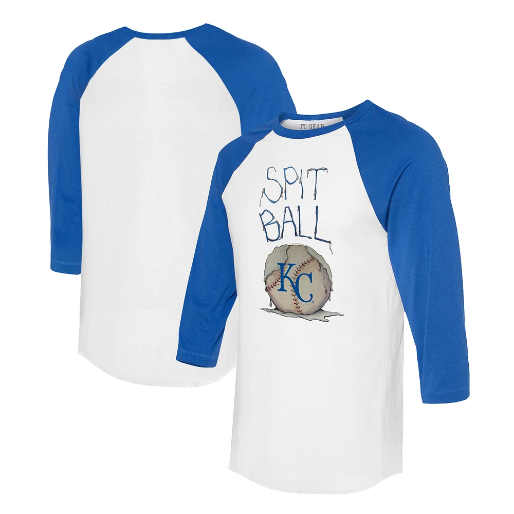 Women's Tiny Turnip White/Royal Kansas City Royals Spit Ball 3/4-Sleeve Raglan T-Shirt