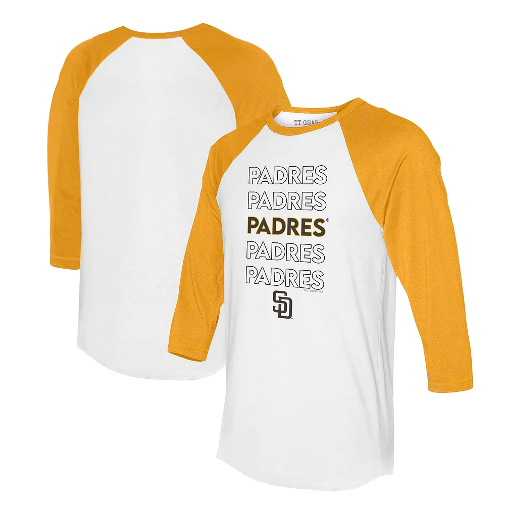Women's Tiny Turnip White/Gold San Diego Padres Stacked 3/4-Sleeve Raglan T-Shirt