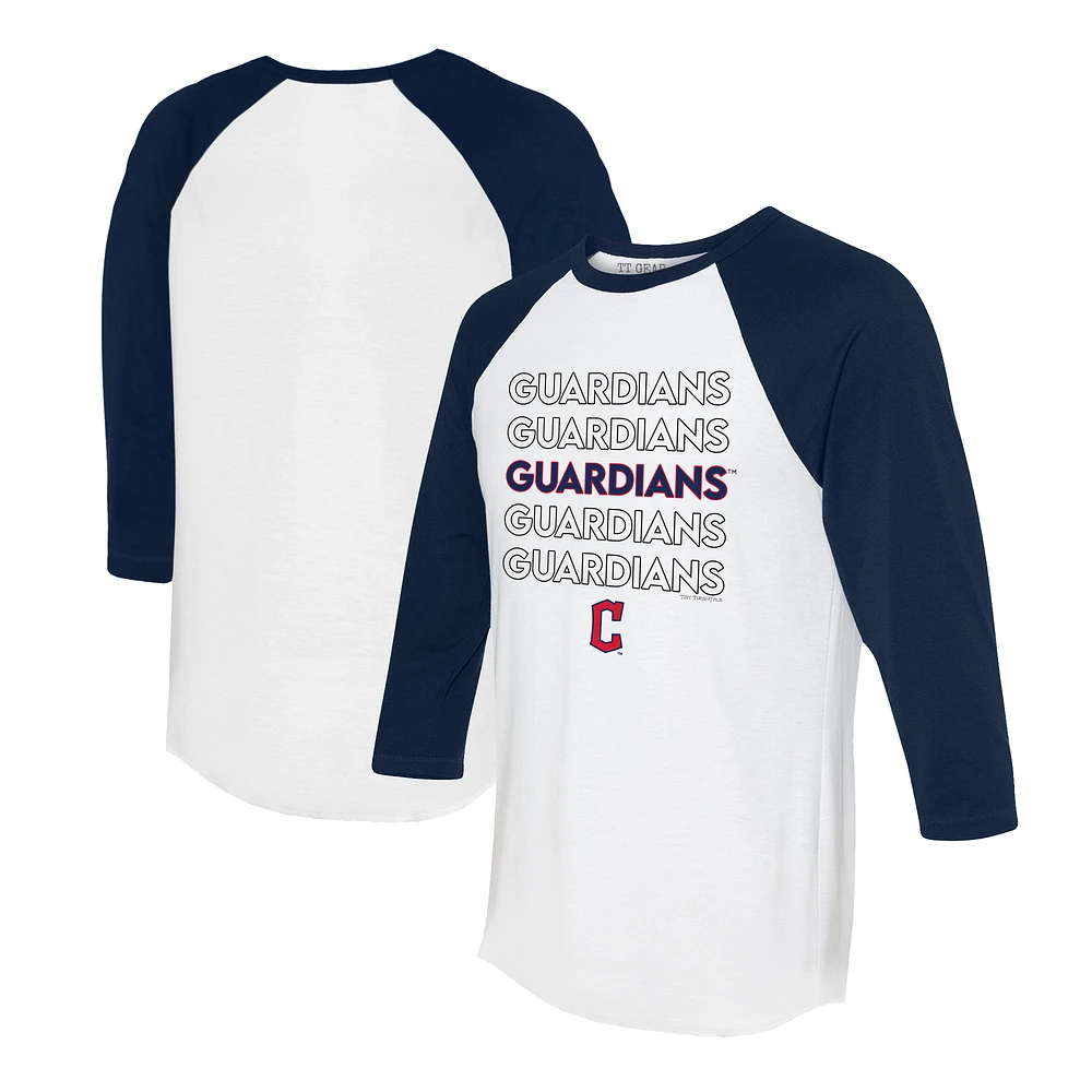 Women's Tiny Turnip White/Navy Cleveland Guardians Stacked 3/4-Sleeve Raglan T-Shirt