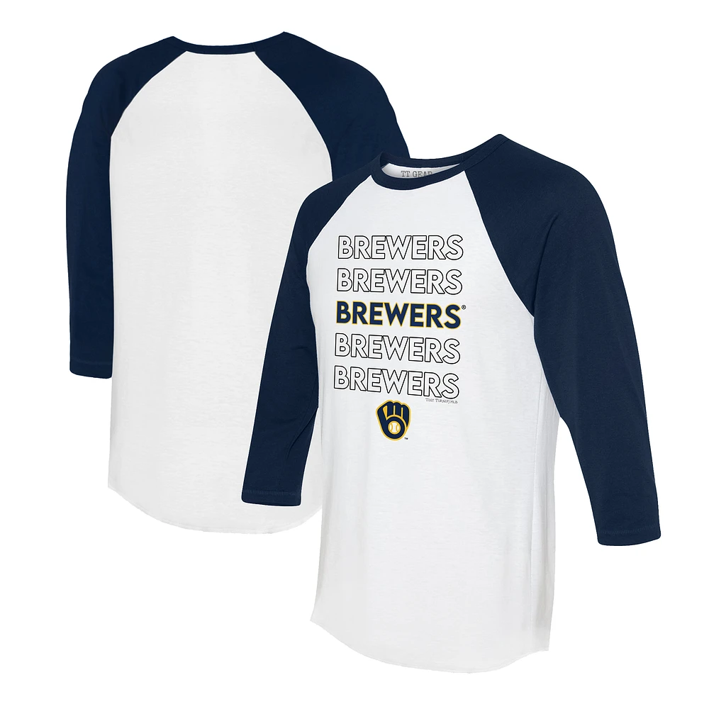 Women's Tiny Turnip White/Navy Milwaukee Brewers Stacked 3/4-Sleeve Raglan T-Shirt