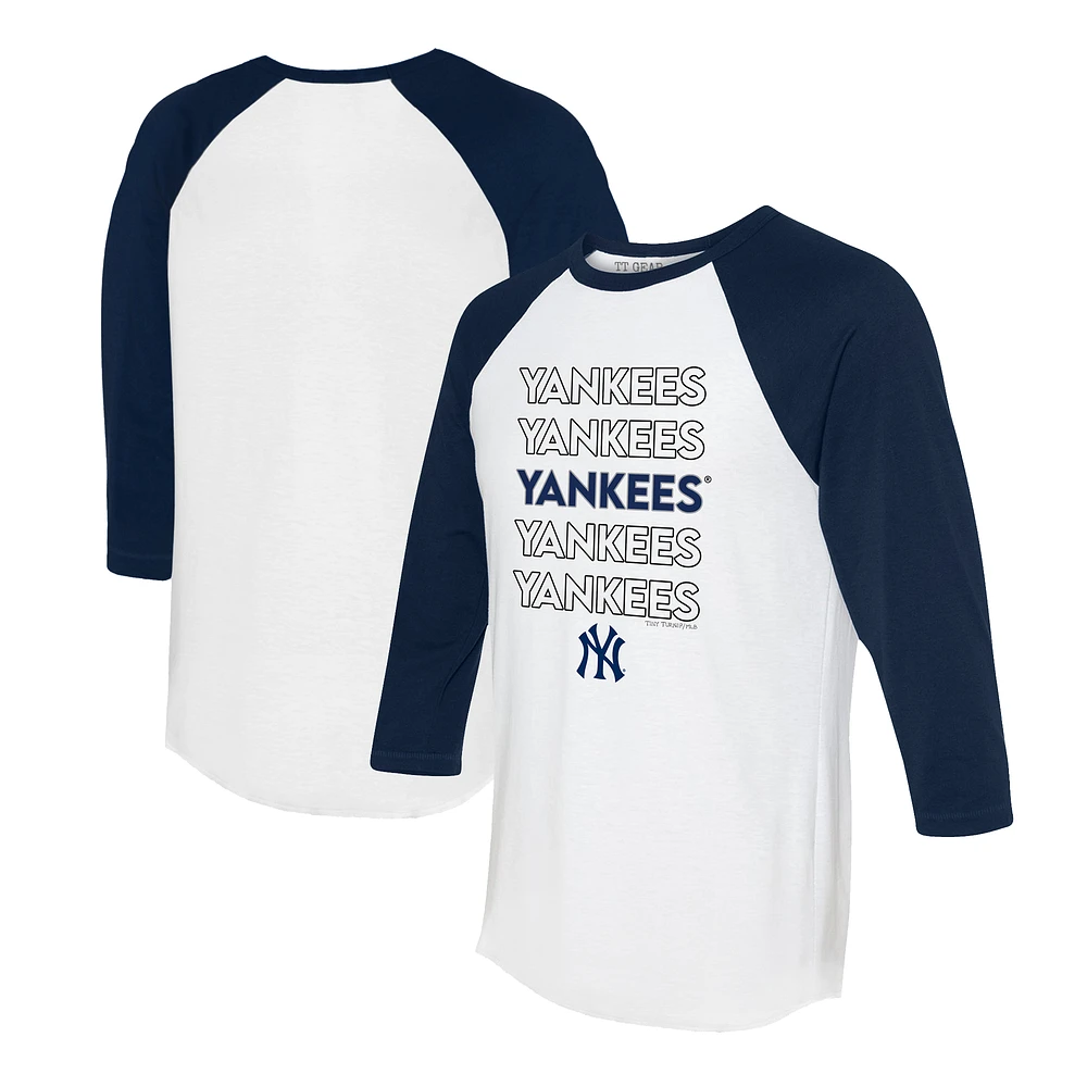 Women's Tiny Turnip White/Navy New York Yankees Stacked 3/4-Sleeve Raglan T-Shirt
