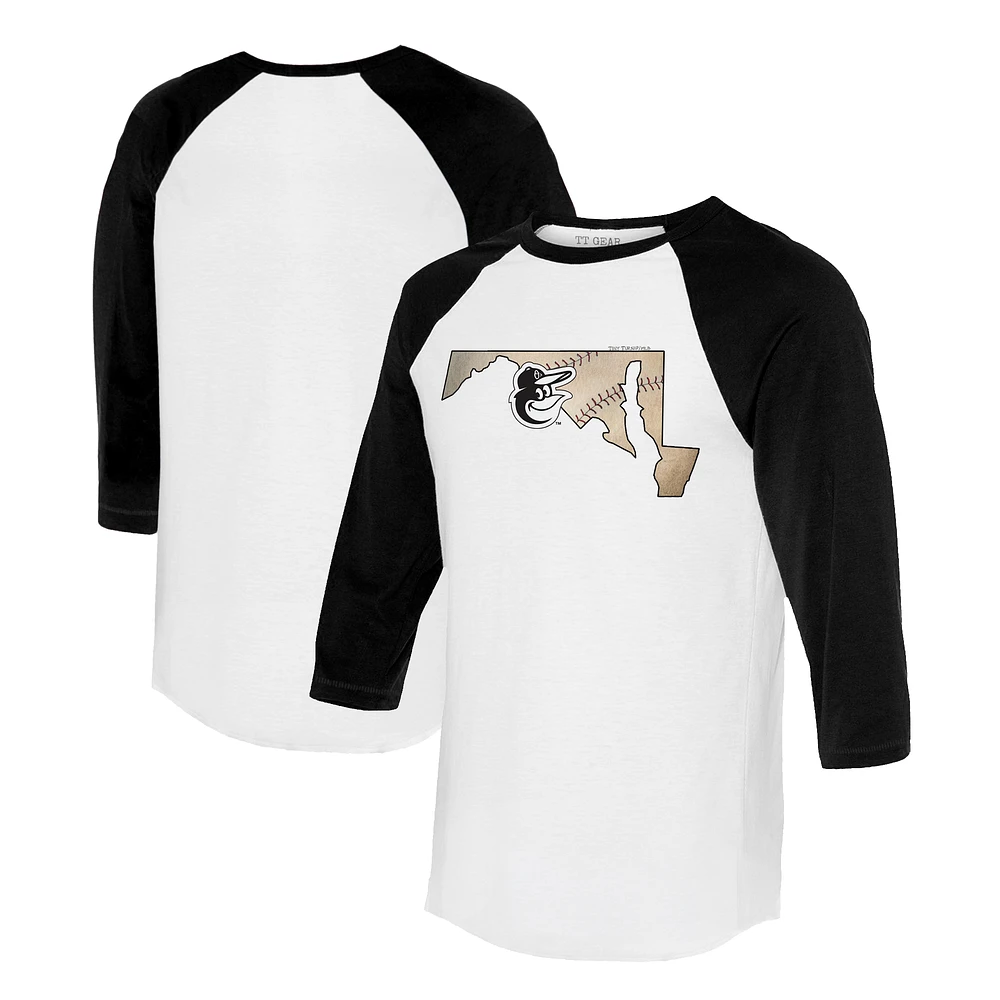 Unisex Tiny Turnip White/Black Baltimore Orioles State Outline 3/4-Sleeve Raglan T-Shirt