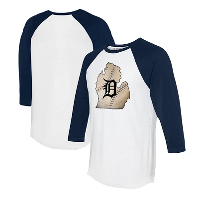 Unisex Tiny Turnip White/Navy Detroit Tigers State Outline 3/4-Sleeve Raglan T-Shirt