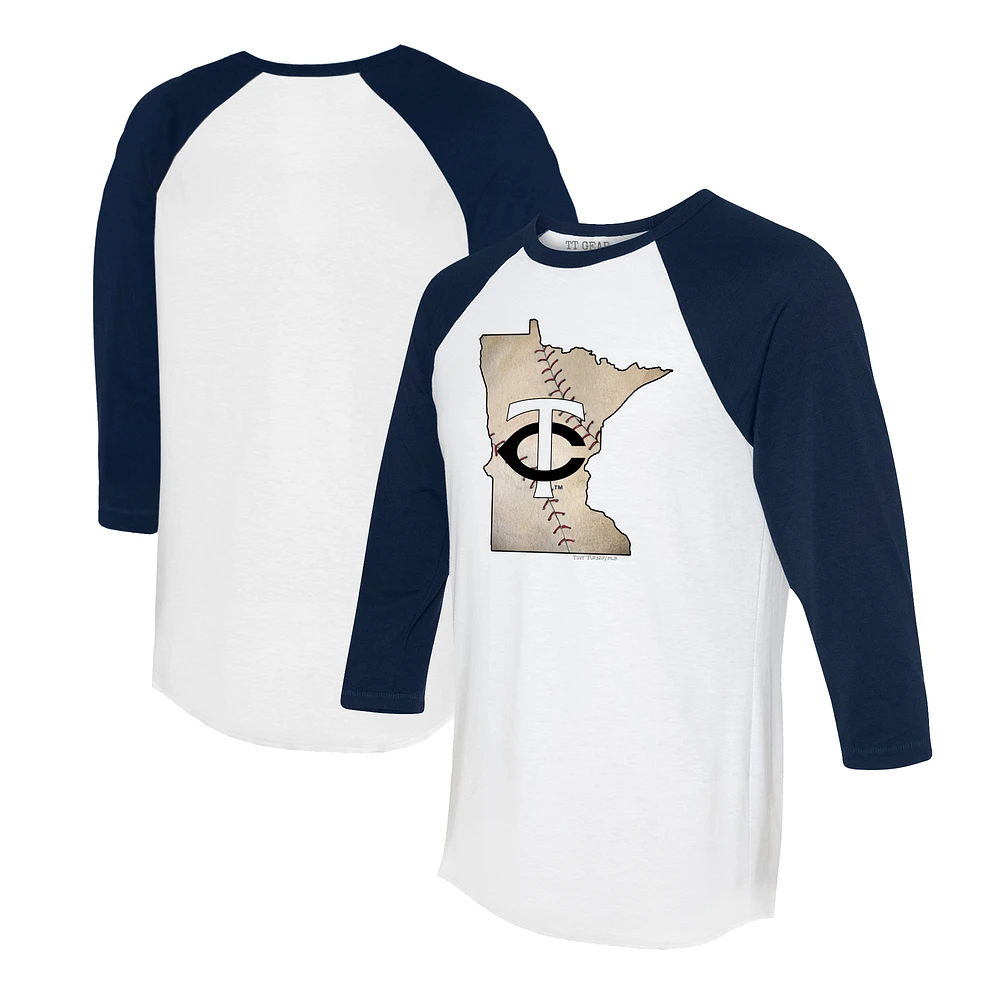 Unisex Tiny Turnip White/Navy Minnesota Twins State Outline 3/4-Sleeve Raglan T-Shirt