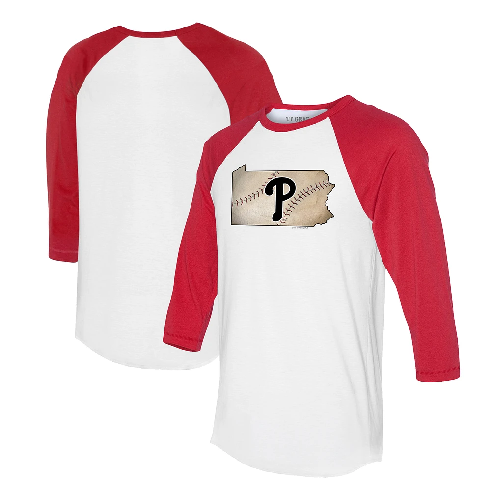 Unisex Tiny Turnip White/Red Philadelphia Phillies State Outline 3/4-Sleeve Raglan T-Shirt